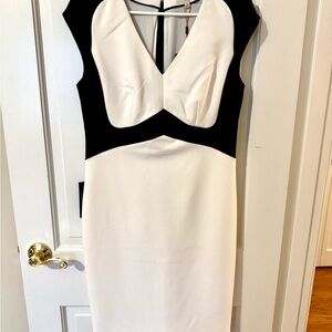 The Limited Black and White Ruched Sheath Dress with Cap Sleeves